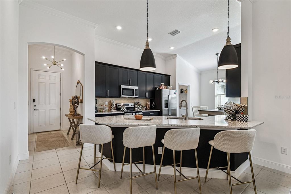 A kitchen features dark cabinets, granite countertops, a breakfast bar with four stools, and pendant lighting — 1039 DAVIS HEATHER CIRCLE, SEFFNER, FL