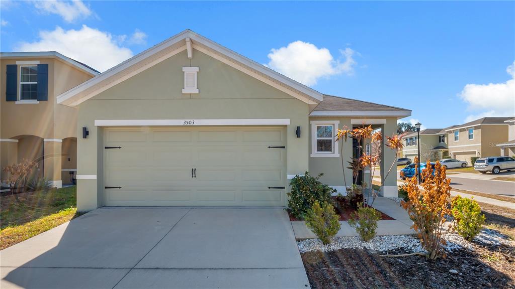 A single-story house with a two-car garage and a concrete driveway at sunset — 3503 DIAMOND LEAF COURT, VALRICO, FL