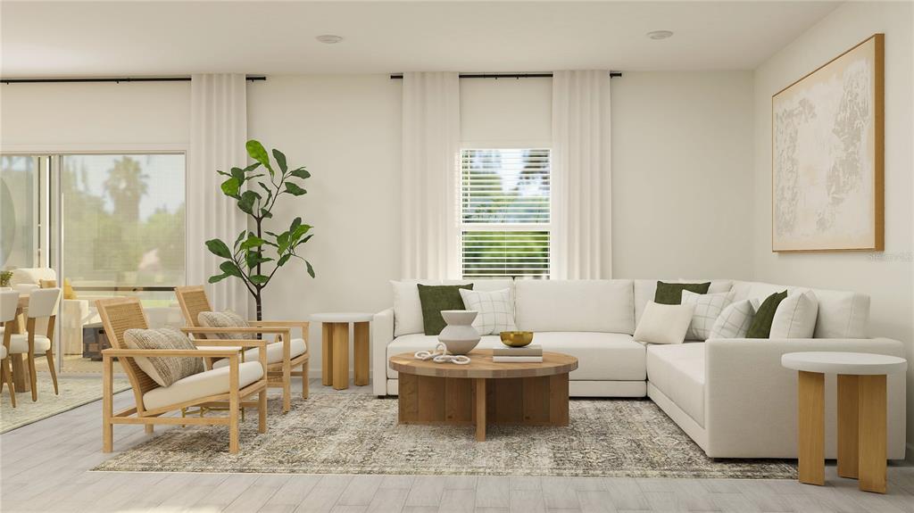 This is a digital rendering of a living room featuring a sectional sofa and armchairs — 12628 NW 139TH WAY, ALACHUA, FL