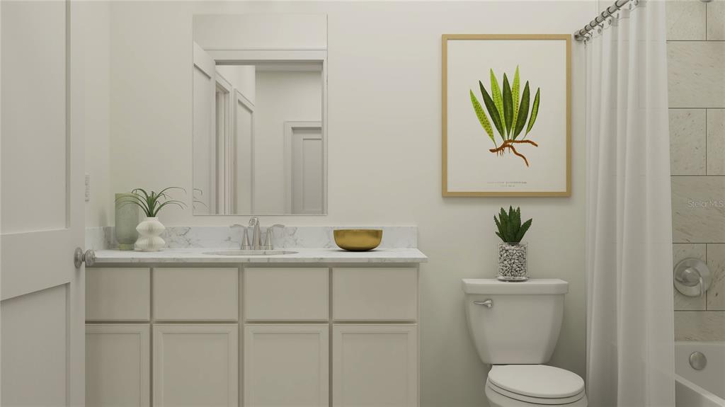 This rendering shows a bathroom with a white vanity, marble countertop, and a framed botanical print — 12628 NW 139TH WAY, ALACHUA, FL