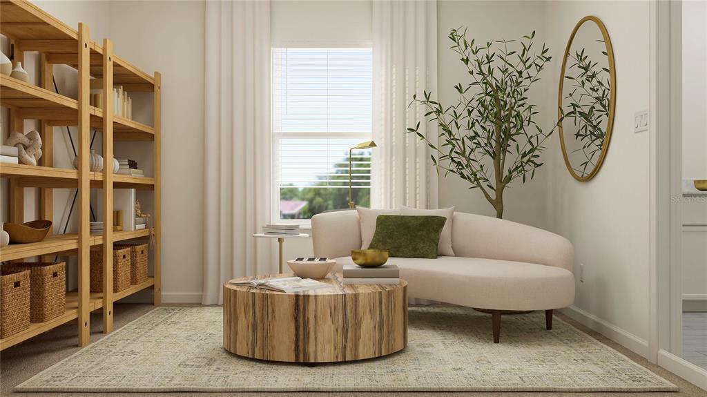This is a digital rendering of a cozy sitting room featuring a curved sofa and shelving — 12628 NW 139TH WAY, ALACHUA, FL