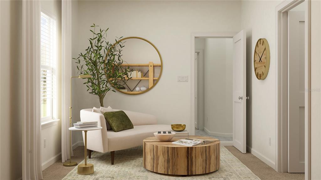 This rendering shows a sitting room with a beige sofa, round wooden coffee table, and mirror — 12628 NW 139TH WAY, ALACHUA, FL