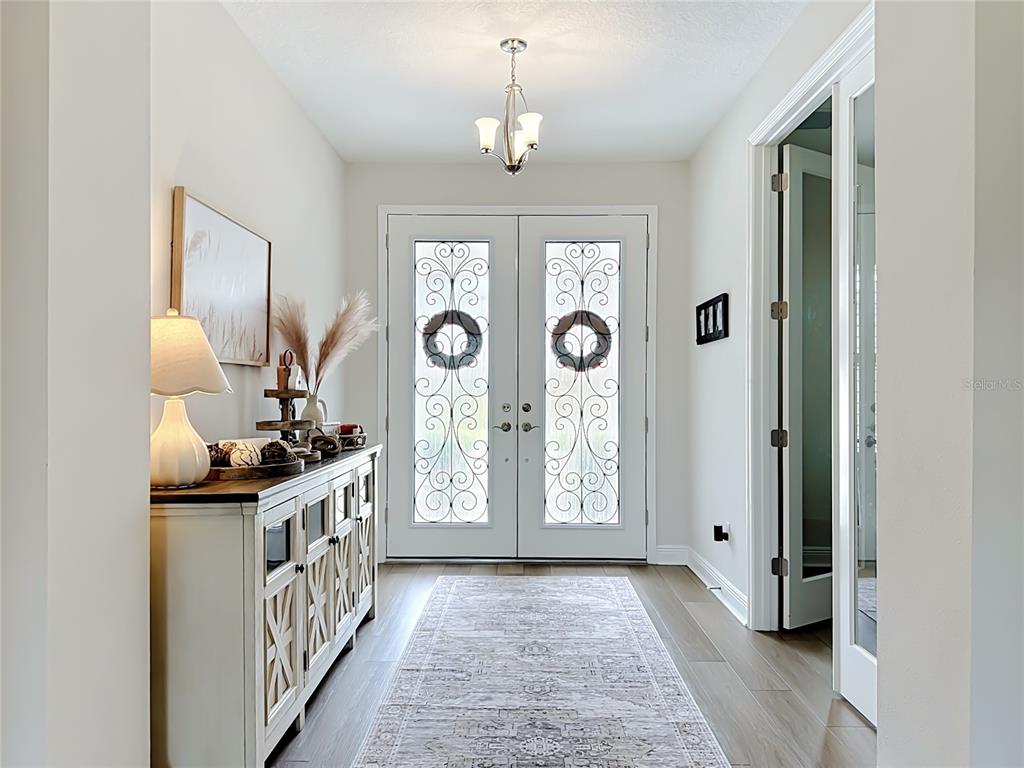 An entryway features light wood flooring, a white console table, and double glass-paneled front doors — 13150 WELLSPRING DRIVE, LITHIA, FL