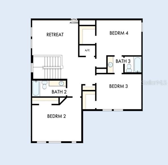 This floor plan shows the layout of an upper level with three bedrooms and two bathrooms — 2794 SOLETA VIEW, ODESSA, FL