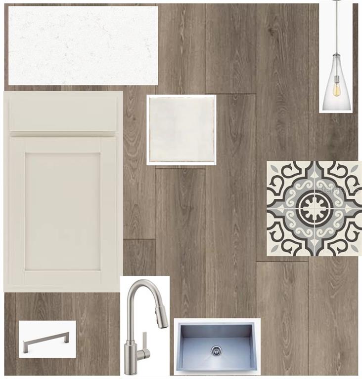 This is a digital design board showing kitchen finish samples including cabinetry, flooring, and fixtures — 2794 SOLETA VIEW, ODESSA, FL