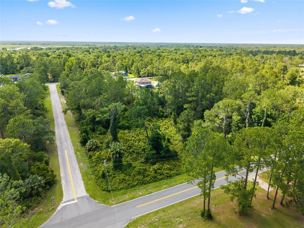 An aerial view shows a paved road intersection surrounded by dense forest and scattered houses — ROYAL TRAILS ROAD, EUSTIS, FL