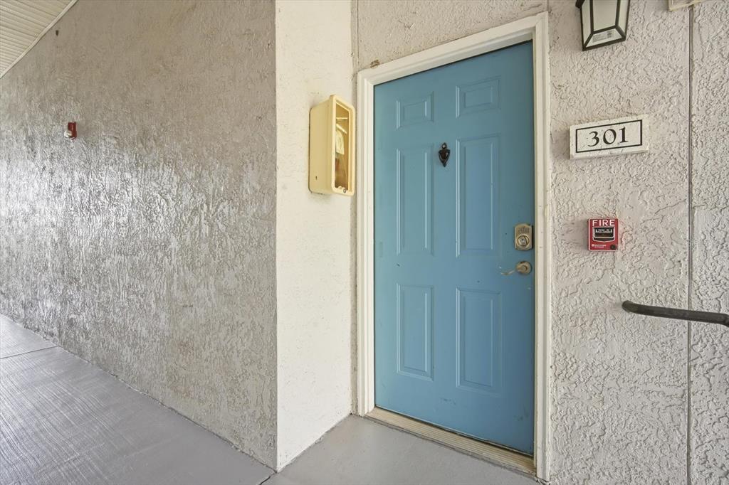 A light blue front door labeled 301 is set into a textured beige exterior wall — 5703 LEGACY CRESCENT PLACE UNIT 301, RIVERVIEW, FL