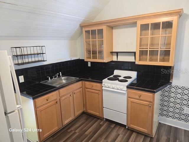 A kitchen features light wood cabinets, black tile countertops, a white stove, and wood flooring — 7306 EARLWOOD AVENUE UNIT 5, MOUNT DORA, FL