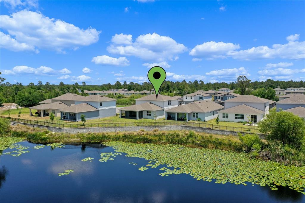 An aerial view shows a residential house with a green location pin near a pond — 17319 MILLION LAKES COURT, CLERMONT, FL