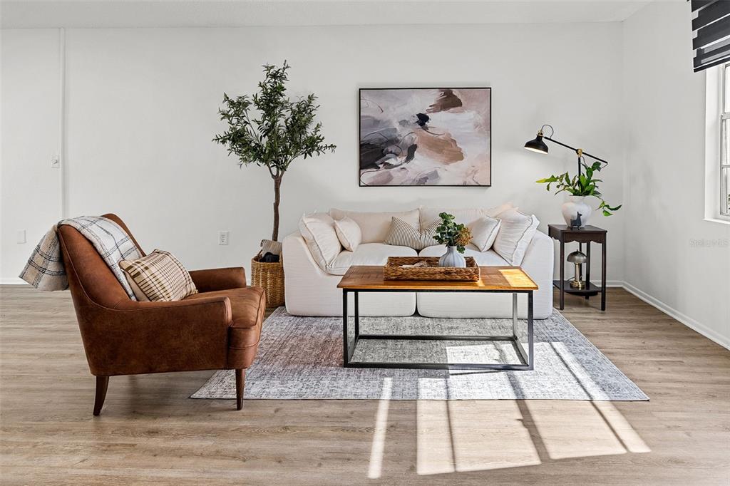 A living room features a white sofa, a brown leather armchair, and a wooden coffee table — 11917 CONGRESSIONAL DRIVE, TAMPA, FL