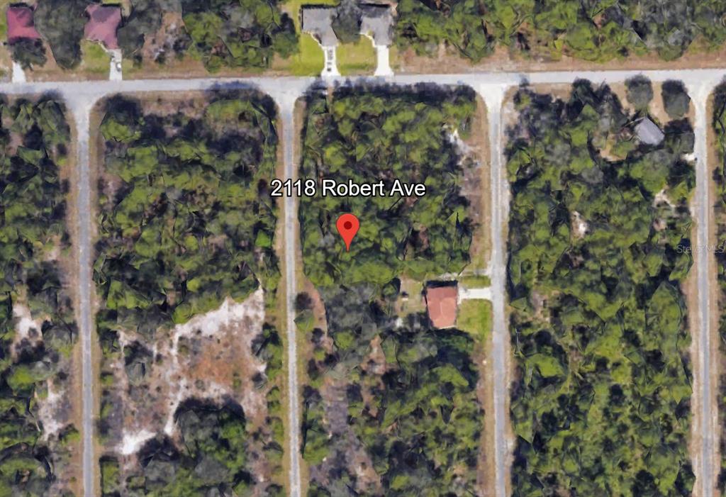 This aerial map view shows a wooded residential lot with a small structure — 2118 ROBERT AVENUE, ALVA, FL