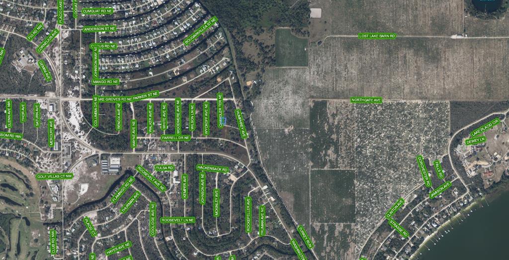 This is an aerial map showing residential streets and a large agricultural area — 108 CHANDLER TERRACE NE, LAKE PLACID, FL