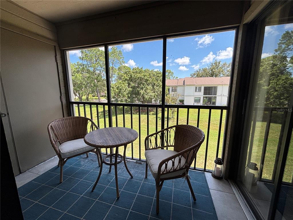 A screened-in balcony features two wicker chairs, a small round table, and a blue rug — 204 MEADOW LANE UNIT 204, OLDSMAR, FL