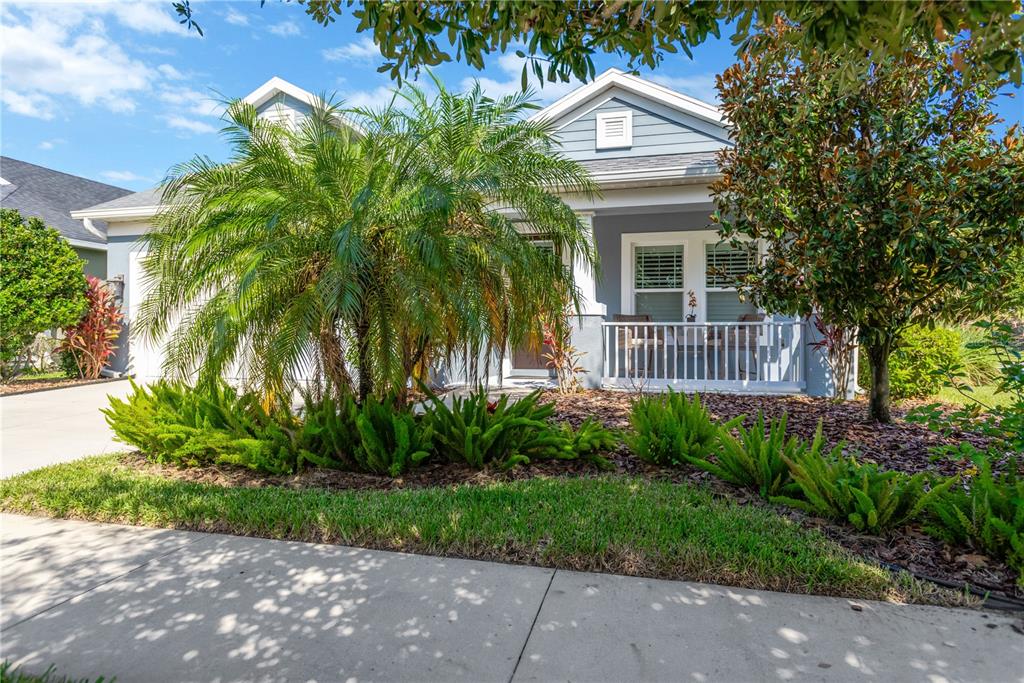 A single-story house with a blue exterior, a front porch, and a palm tree — 6420 SEASOUND DRIVE, APOLLO BEACH, FL