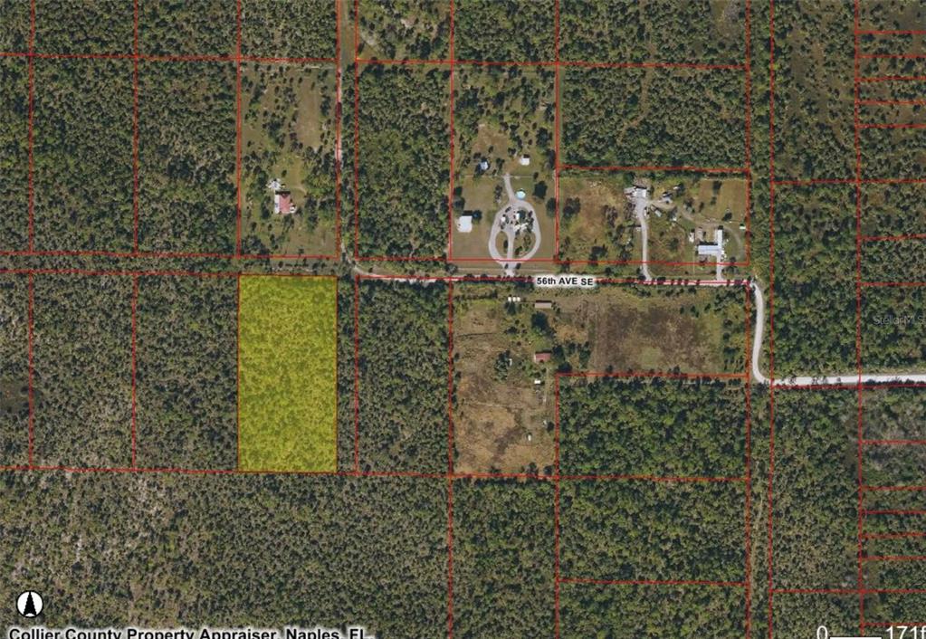 An aerial map shows a highlighted rectangular lot surrounded by wooded land and rural roads — 56TH AVE SE, NAPLES, FL