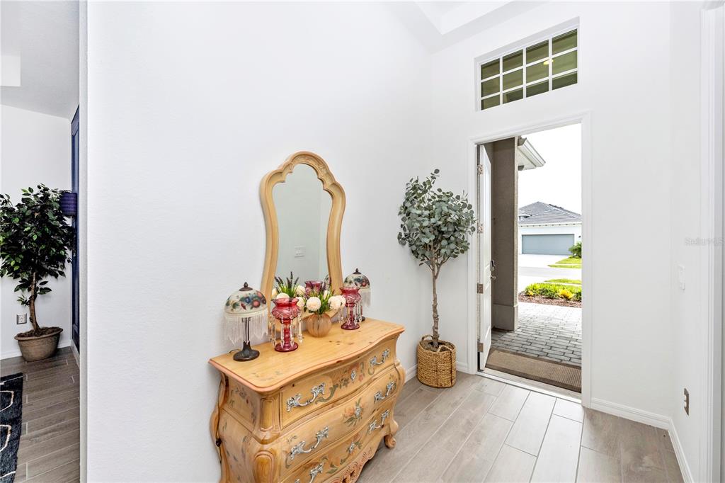 An entryway features a wooden chest, a mirror, potted plants, and an open front door — 12845 TULUM LOOP, VENICE, FL
