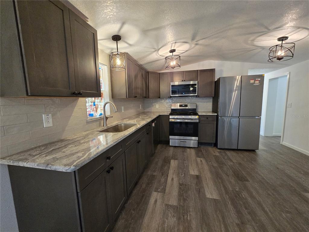 A kitchen features dark gray cabinets, stone countertops, stainless steel appliances, and wood-look flooring — 43541 DIXIE DRIVE, PAISLEY, FL