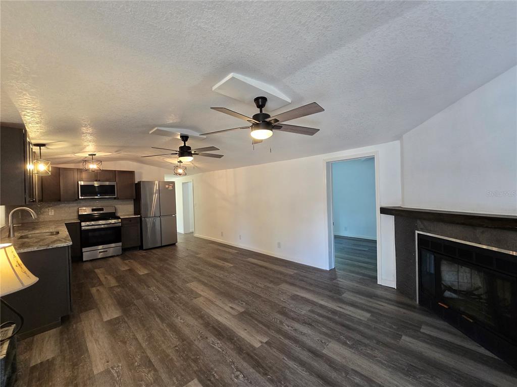 An open-concept kitchen and living area features dark cabinetry, stainless steel appliances, and wood-look flooring — 43541 DIXIE DRIVE, PAISLEY, FL