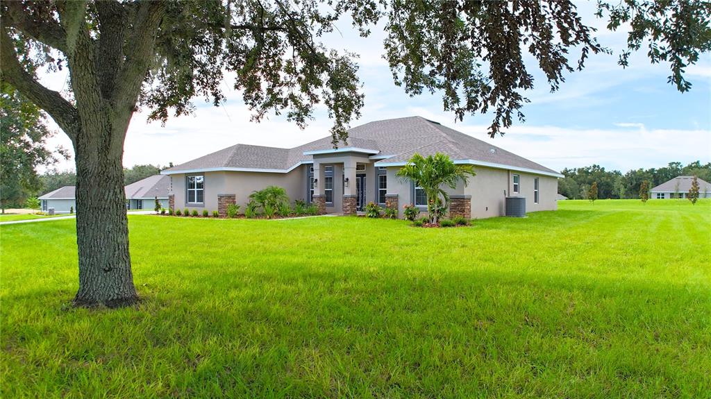 A long concrete driveway leads to a single-story house shaded by a large oak tree — 37094 HIDDEN VIEW CIRCLE, DADE CITY, FL
