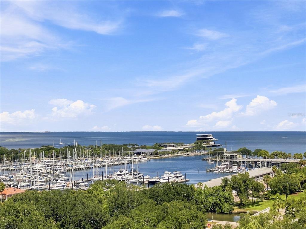 An elevated view of a marina filled with boats next to a large body of water — 175 1ST STREET S UNIT 1008, ST PETERSBURG, FL