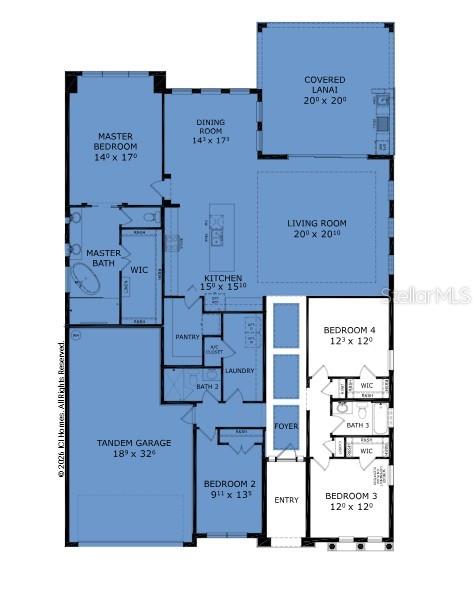 This is a floor plan for a single-story home featuring four bedrooms and a tandem garage — 54 NEWCASTLE LANE, ORMOND BEACH, FL