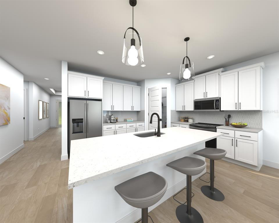 This is a rendering of a modern kitchen featuring white cabinetry, a quartz island, and stools — 13138 SHELLMORE AVENUE, PALMETTO, FL