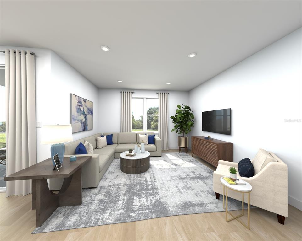 This is a digital rendering of a living room featuring a sectional sofa and television — 13138 SHELLMORE AVENUE, PALMETTO, FL