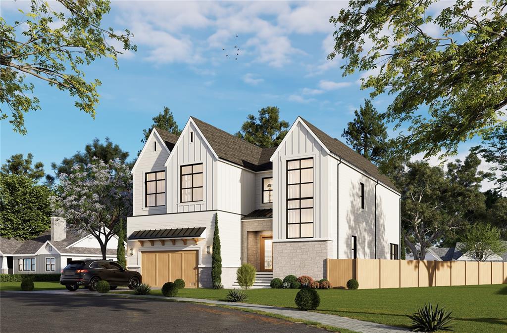 This is a rendering of a two-story modern farmhouse with white siding and a stone base — 4310 S TRASK STREET, TAMPA, FL