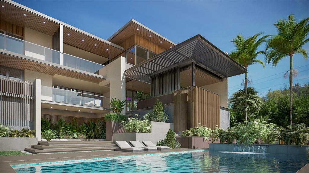 This is a rendering of a modern multi-story home with a pool and palm trees — 214 BLANCA AVENUE, TAMPA, FL