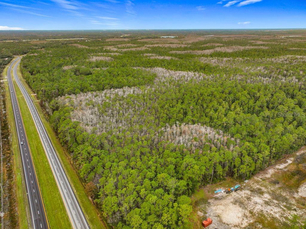 An aerial view shows a multi-lane highway bordering a large, dense forest of pine trees — 20617 E COLONIAL DRIVE, CHRISTMAS, FL