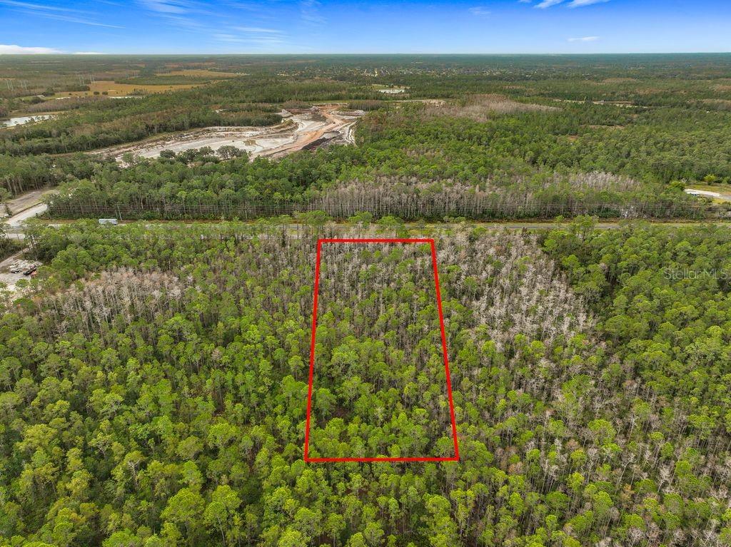 An aerial view shows a rectangular plot of land outlined in red within a forest — 20617 E COLONIAL DRIVE, CHRISTMAS, FL