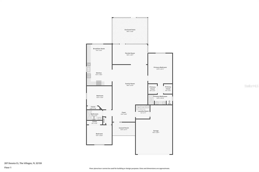An empty living room features light wood-look flooring, white walls, and a glass-enclosed patio area — 207 DESOTA COURT, THE VILLAGES, FL