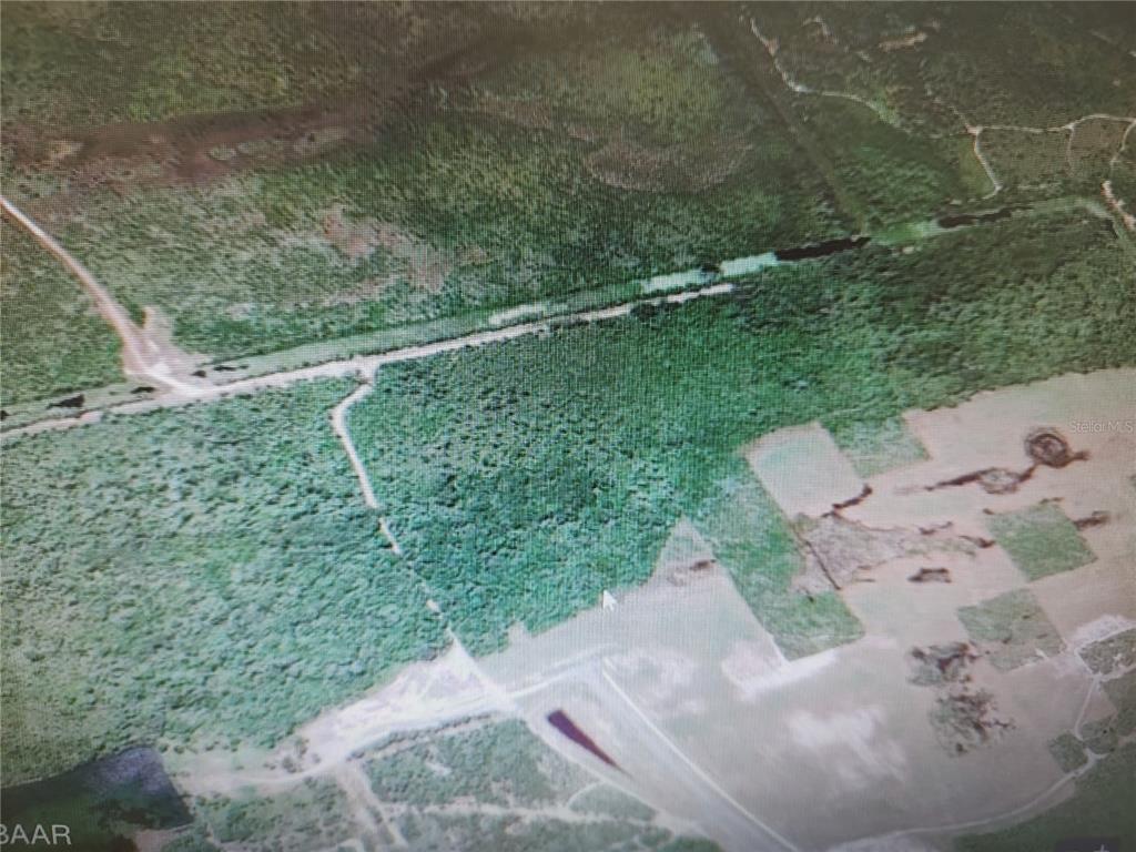 An aerial view shows a wooded lot with a dirt road and cleared land — 00 DEERING PARKWAY, MIMS, FL