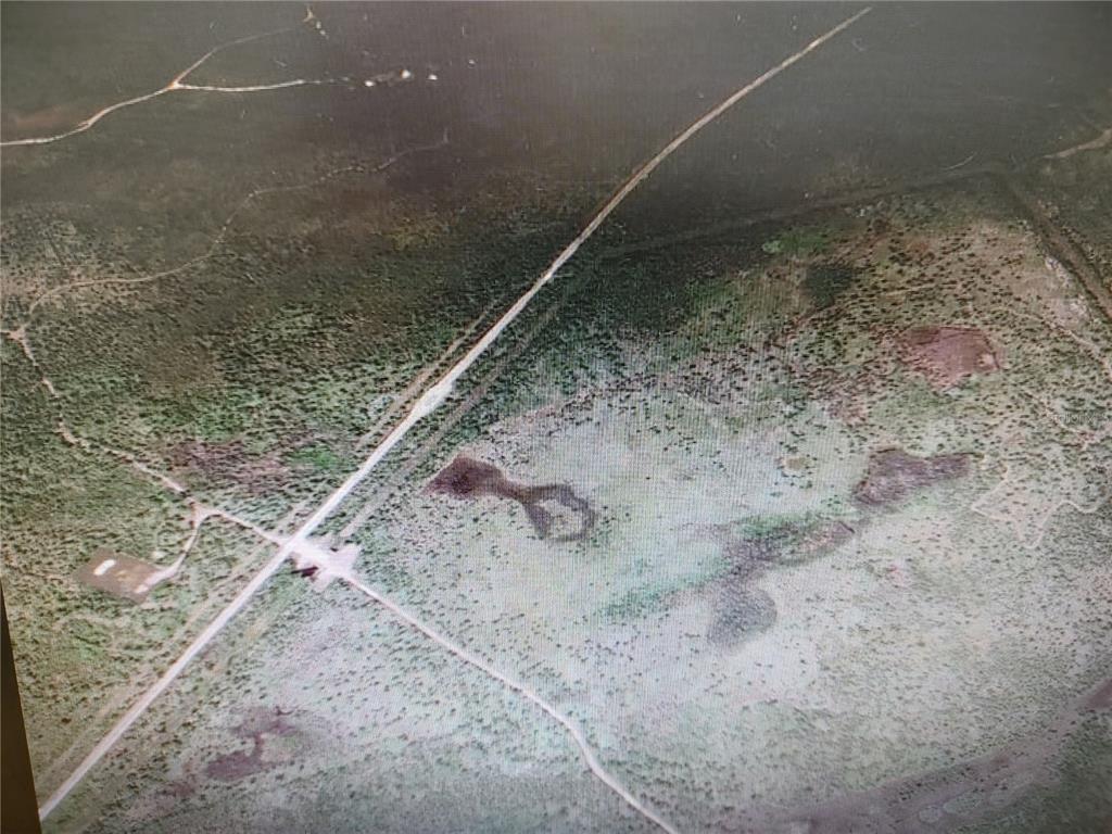 An aerial view shows a rural landscape with a dirt road intersecting a wooded area — 00 DEERING PARKWAY, MIMS, FL