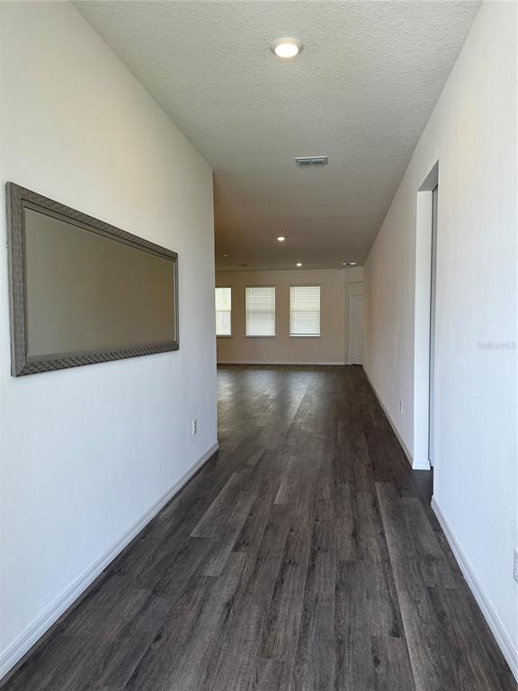 A hallway with wood-look flooring leads to an open living area with three windows — 3272 ARCH AVENUE, ORMOND BEACH, FL