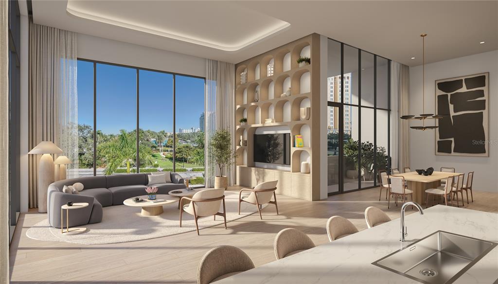This rendering shows a modern open-concept living area with arched shelving, floor-to-ceiling windows, and furniture — 668 QUAY COMMONS UNIT 102, SARASOTA, FL