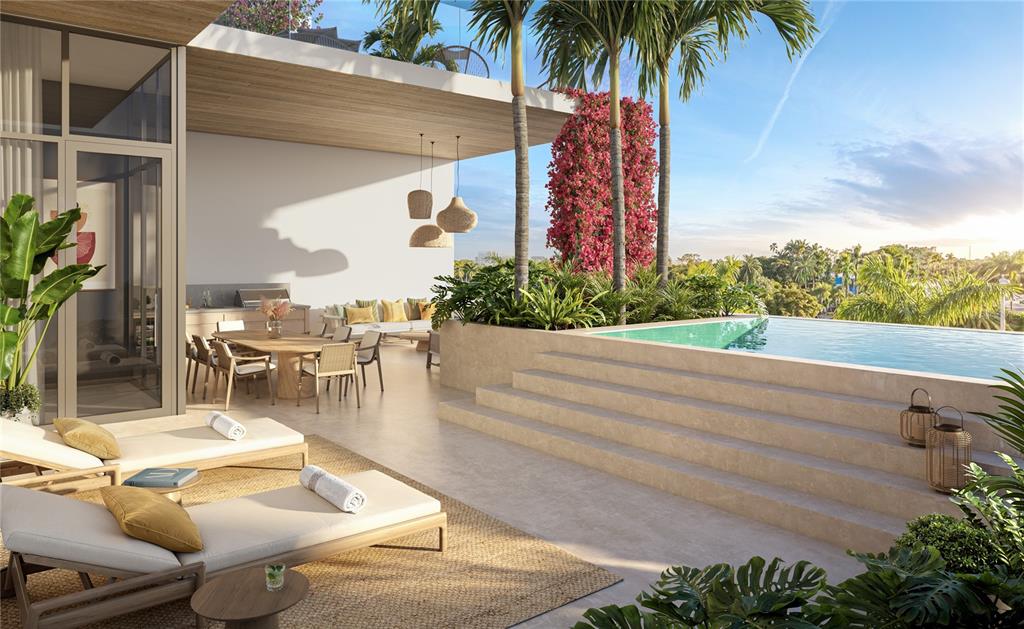 This architectural rendering shows a luxury outdoor terrace with a private pool and dining area — 668 QUAY COMMONS UNIT 102, SARASOTA, FL