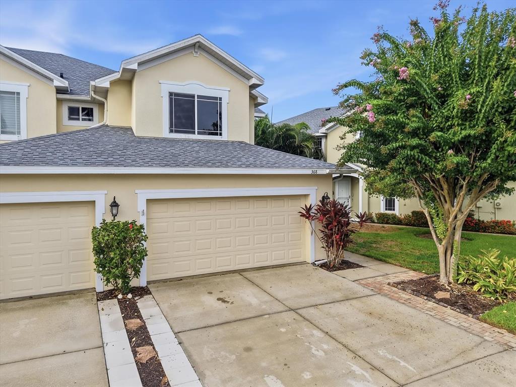 The exterior of a two-story townhouse features a two-car garage and a paved driveway — 368 HARBOR RIDGE DRIVE, PALM HARBOR, FL