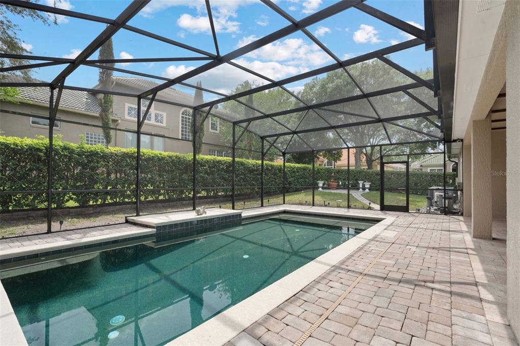 A screened-in swimming pool with a paver deck and a tall hedge in the backyard — 7698 MOUNT CARMEL DRIVE, ORLANDO, FL