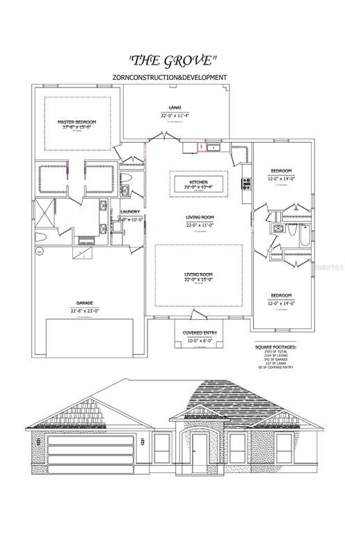 This is a floor plan and front elevation rendering for a single-story residential home — 8141 SW 122 AVENUE, DUNNELLON, FL
