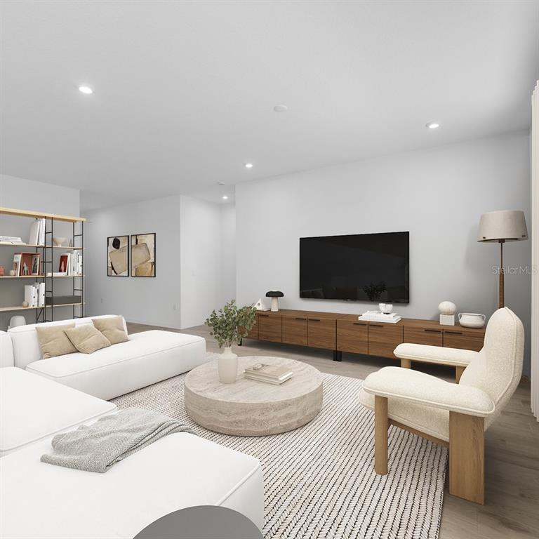 This is a digital rendering of a modern living room with a white sectional sofa — 1090 CLAY BOULEVARD, TAVARES, FL