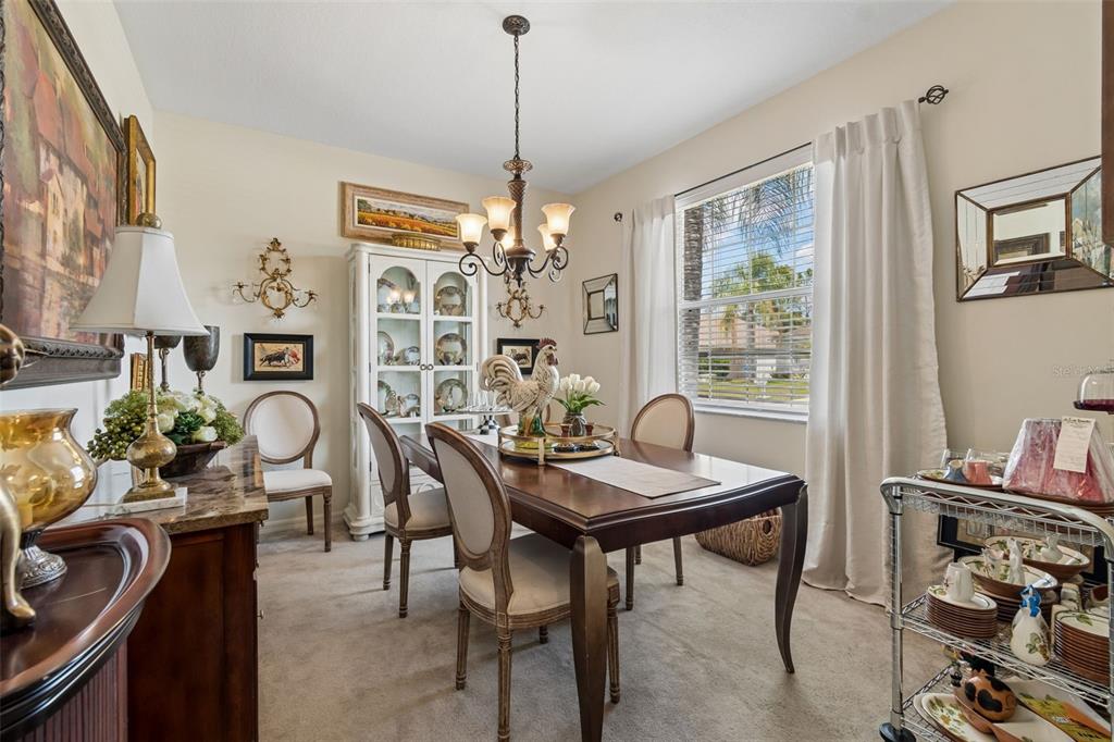 A formal dining room features a wooden table, upholstered chairs, a china cabinet, and chandelier — 4027 LANGDRUM DRIVE, WESLEY CHAPEL, FL