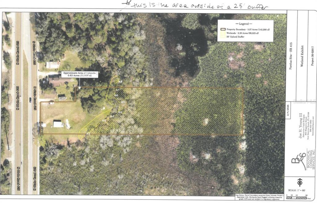 This is a wetland survey map showing property boundaries, upland areas, and a 25-foot buffer — 561 N SR 415, OSTEEN, FL
