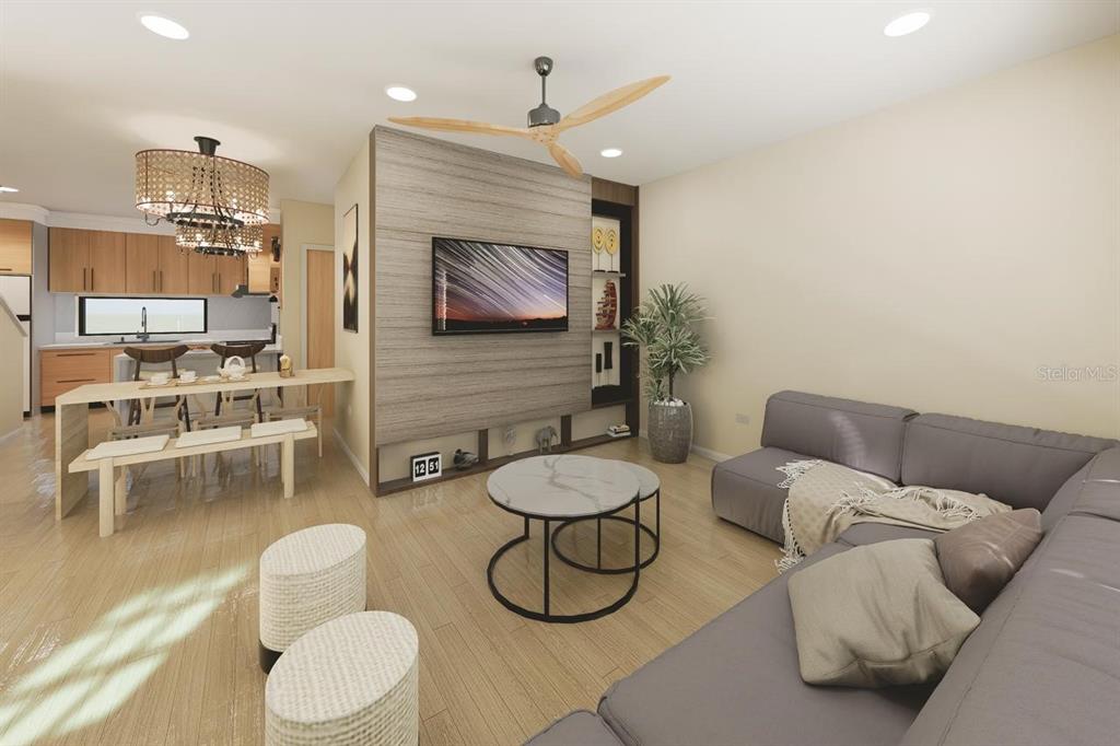 This is a rendering of a modern living room and kitchen with light wood flooring — 10775 RODEO DRIVE UNIT 1, LAKEWOOD RANCH, FL