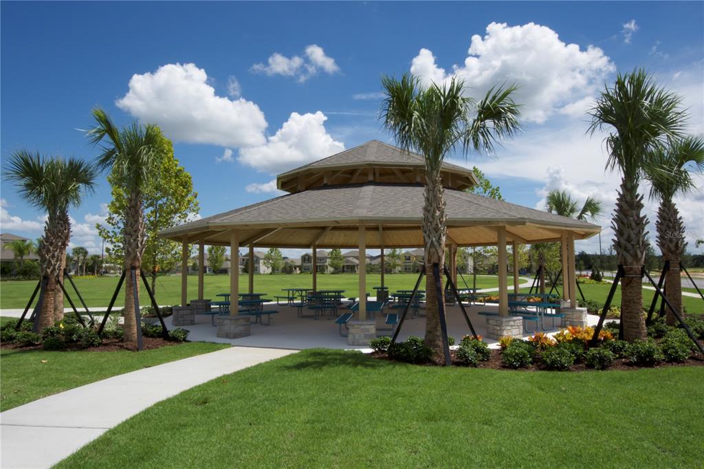 A large wooden gazebo sits on a concrete pad surrounded by palm trees and grass — 11881 SHINE VIEW LANE, WINTER GARDEN, FL