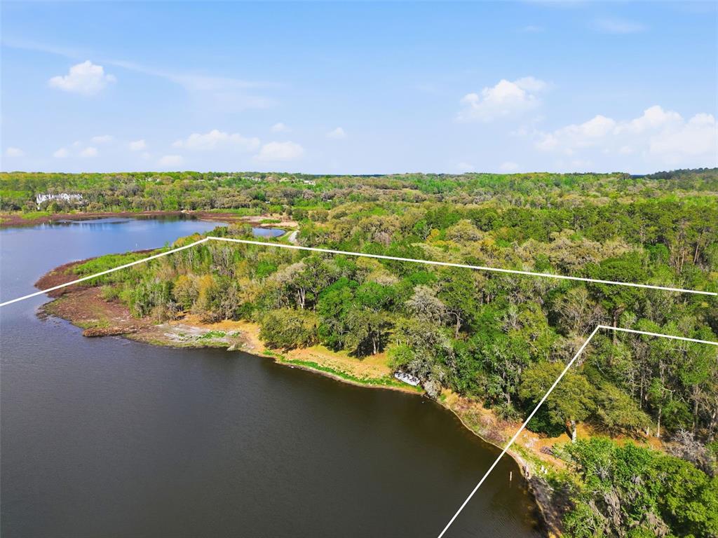 An aerial view shows a wooded waterfront lot outlined in white against a lake — 0 DEEPWELL DRIVE, BROOKSVILLE, FL