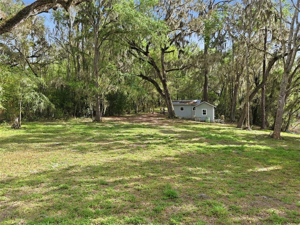 A small gray shed sits in a grassy clearing surrounded by large, moss-draped oak trees — 0 DEEPWELL DRIVE, BROOKSVILLE, FL