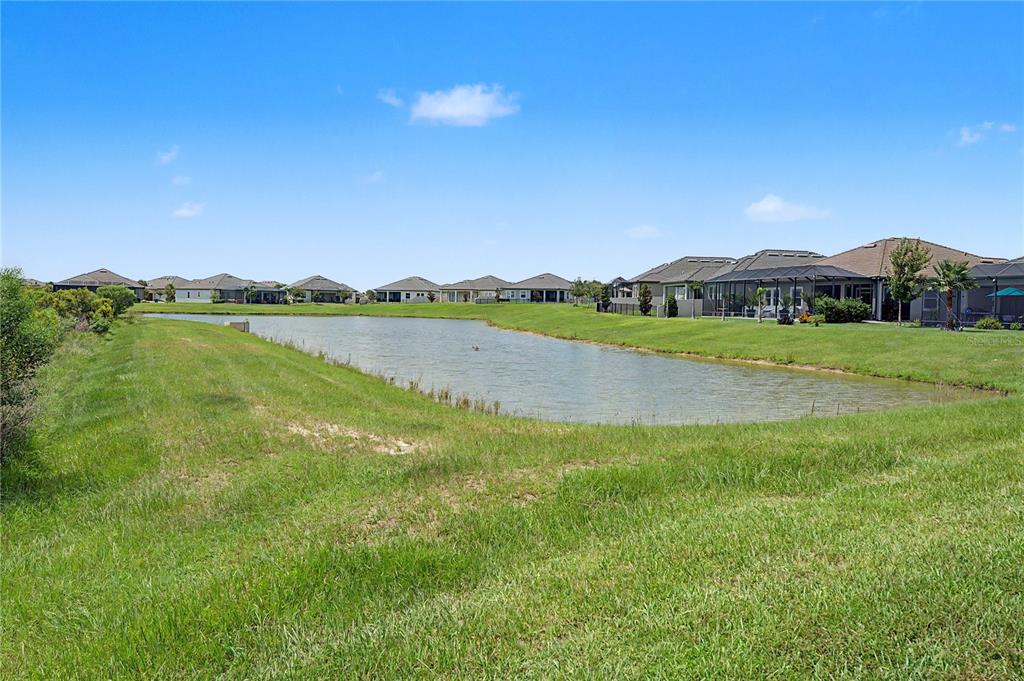 A grassy yard overlooks a retention pond surrounded by suburban houses under a blue sky — 10228 ECHO DOCK LOOP, SAN ANTONIO, FL