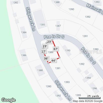 This is a map showing the property boundaries and dimensions of a corner lot — 1389 SHIPWRECK LANE, ST CLOUD, FL