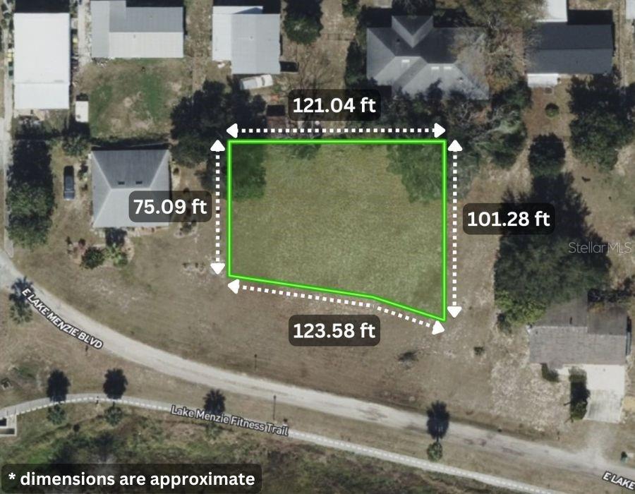 An aerial view of a vacant, rectangular residential lot with its approximate dimensions labeled — 0 E LAKE MENZIE BOULEVARD Lot 14, DUNDEE, FL